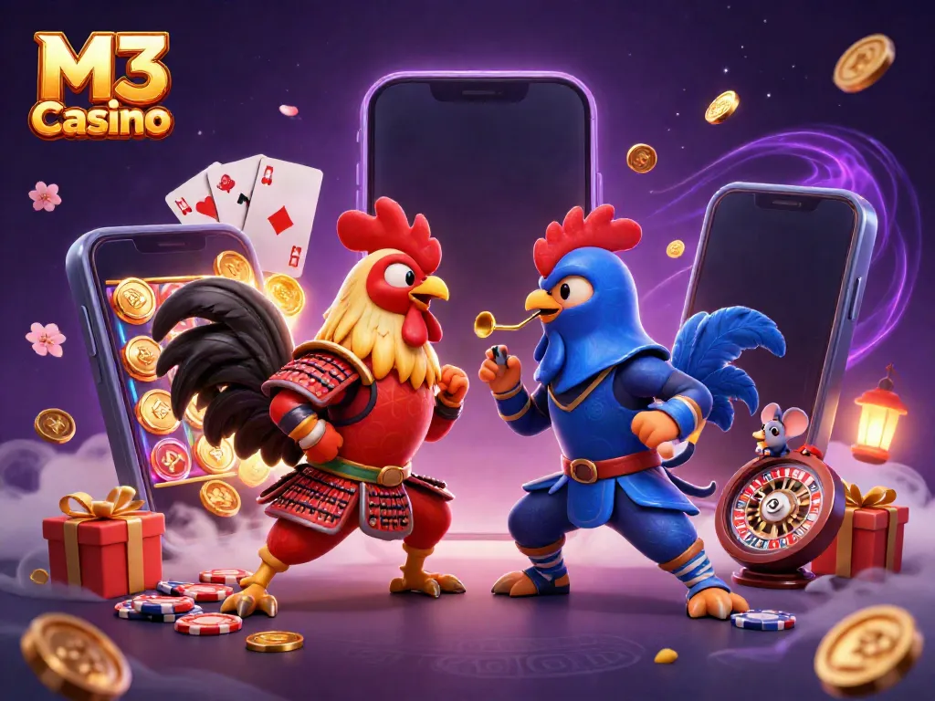 M3 Casino offers an exciting battle scene with dynamic roosters, slot games, and vibrant casino elements.