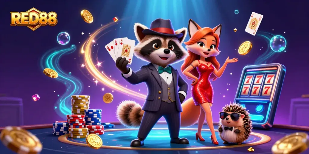 Experience high-stakes gaming action with RED88 featuring a suave raccoon and glamorous fox.