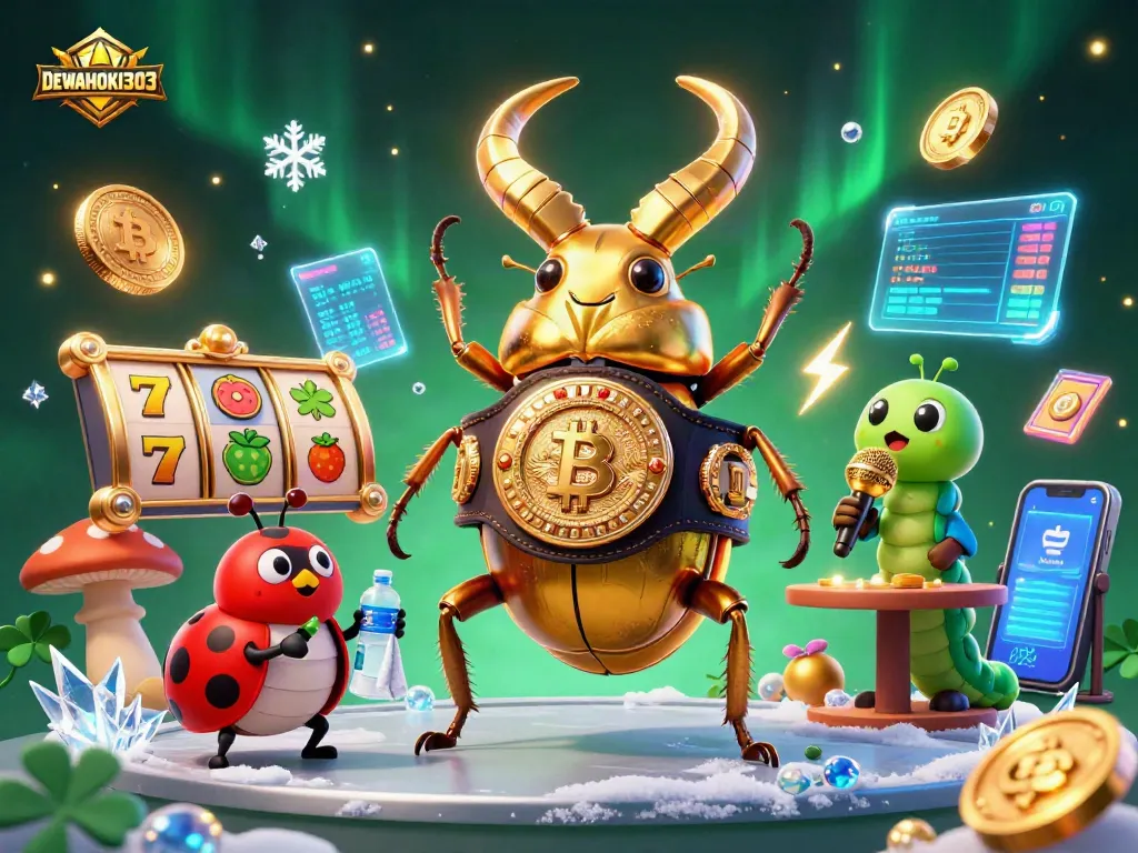 DEWAHOKI303 menghadirkan ilusi kasino dengan beetle juara bertinju di tengah slot dan simbol keberuntungan.