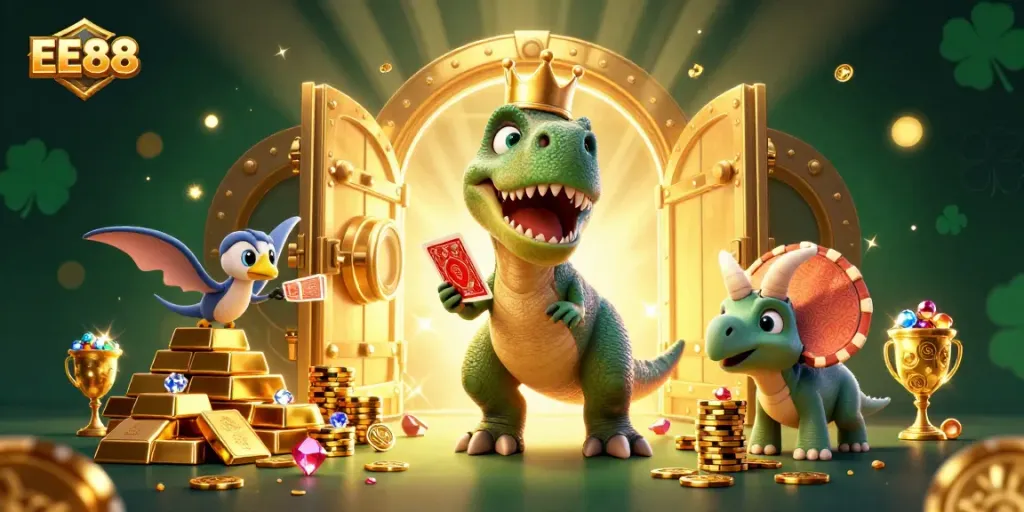 Engage in thrilling EE88 gaming with a cartoon T-Rex shuffling cards and a triceratops stacking chips amid overflowing treasures.