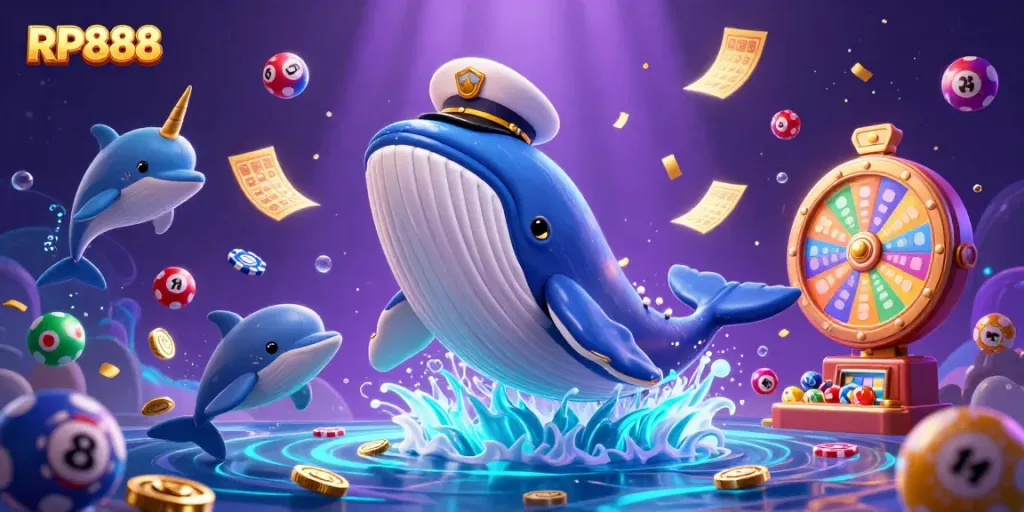 RP888 showcases a vibrant 3D scene with a whale, narwhal, and dolphins, featuring dynamic gambling elements.