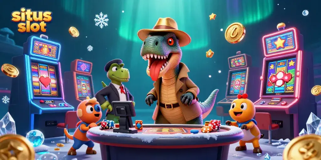 Experience exciting gameplay at situs slot with a cartoon velociraptor card counter trying to blend in at a casino.