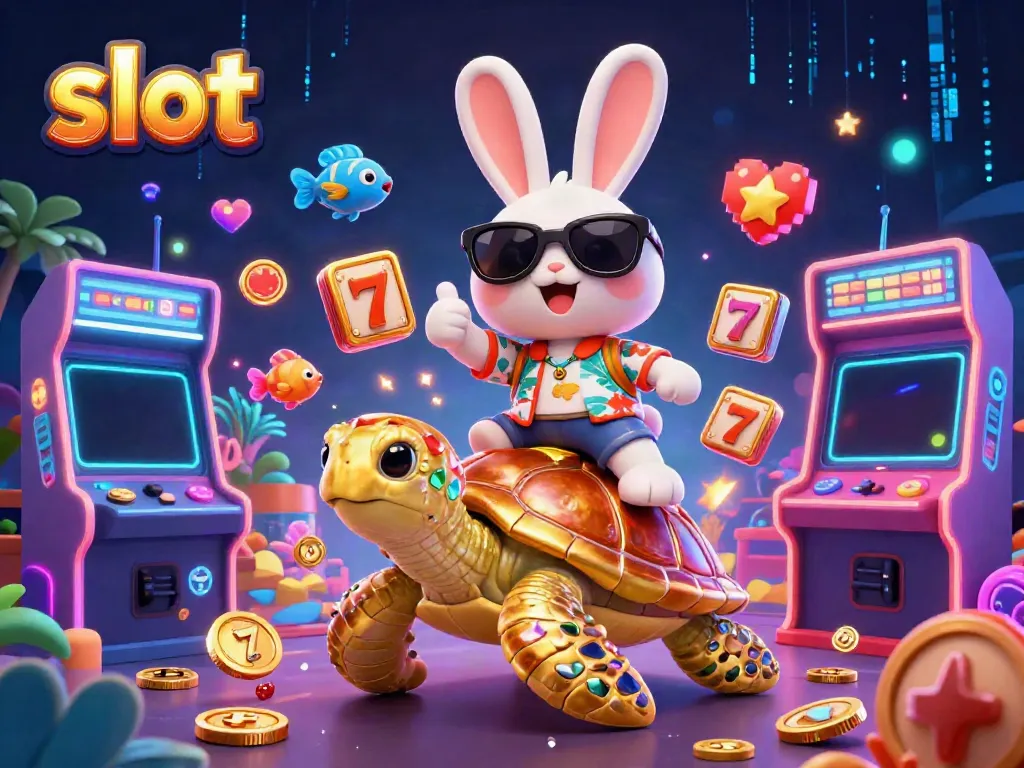 Slot permainan yang dikelilingi karakter kelinci beruntung dan kura-kura emas dengan mesin slot yang menyala.