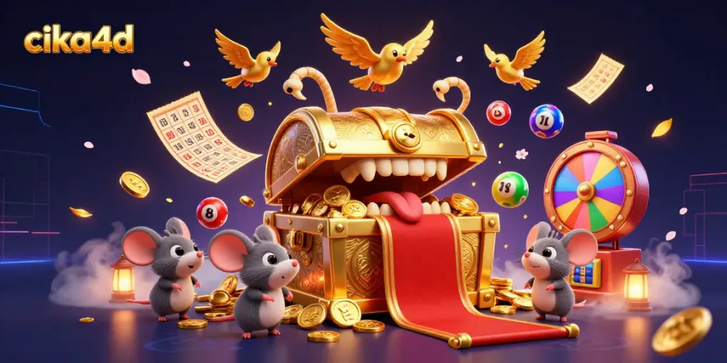 Experience the thrill of gaming with cika4d in this vibrant 3D casino scene filled with exciting lottery elements.