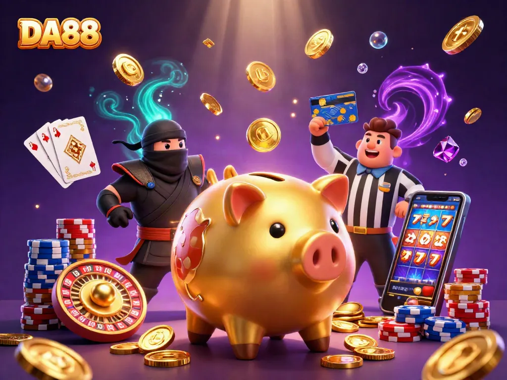 Experience exhilarating wins at DA88 with a golden piggy bank sumo wrestler and sparkling casino elements.