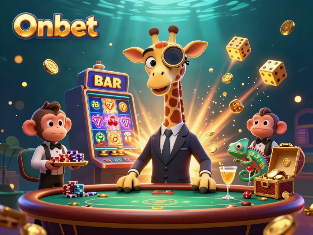 Onbet features a high-roller giraffe and friends celebrating a slot jackpot in a vibrant casino scene.