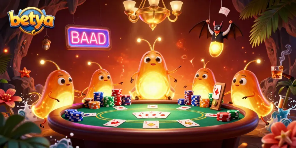 Join the action at Betya Casino with an enchanting glowworm-themed interior showcasing vibrant poker elements.