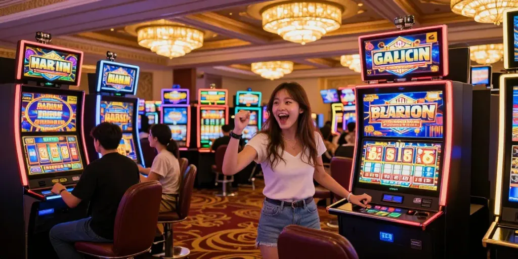 Young woman celebrating a win at a vibrant slot gacor hari ini machine surrounded by friends in a lively casino.