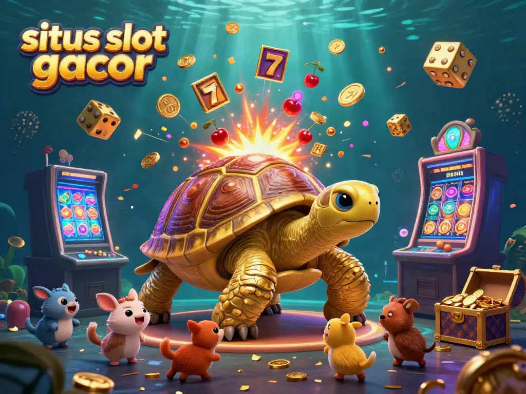Experience the excitement of situs slot gacor with a scene featuring a golden tortoise pinball machine, jackpot slot, and joyful animals.