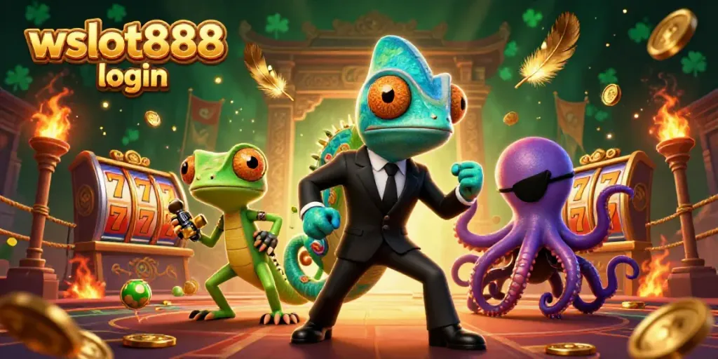 Visualisasi menarik tentang wslot888 login dengan karakter chameleon dan elemen kasino