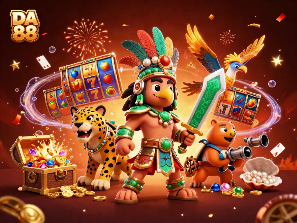 Engage with the vibrant excitement of DA 88 featuring an Aztec warrior and jackpot elements surrounded by colorful casino treasures.