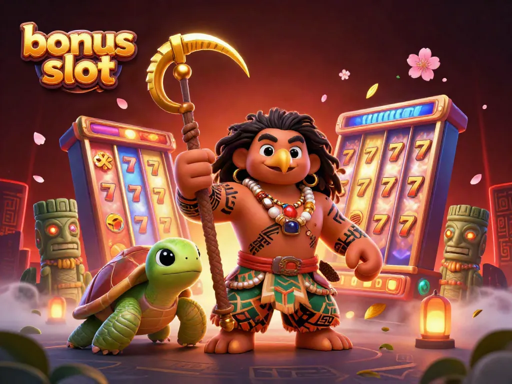 Spin and win with the vibrant bonus slot featuring a magical hawk and turtle amidst exciting casino elements.