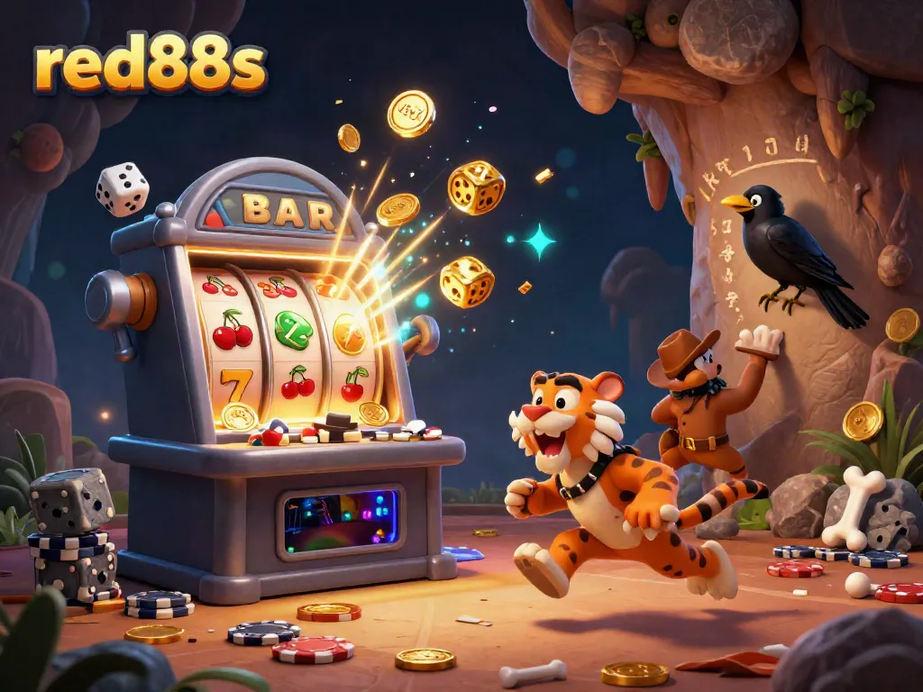 Experience thrilling slots and casino games with red88s in a dynamic prehistoric casino illustration.