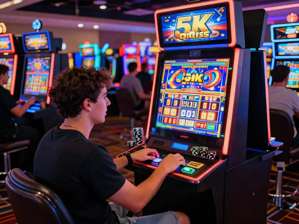 Player engaged at a slot 5k qris machine in a lively casino, surrounded by vibrant gaming atmosphere.