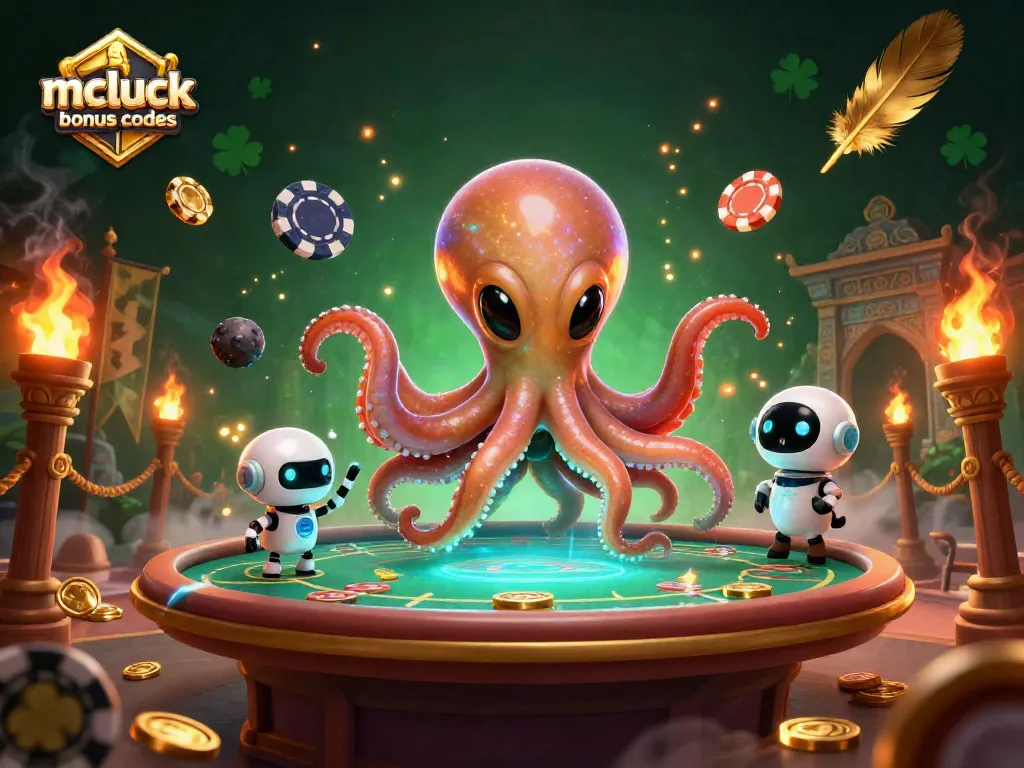 Experience winning with mcluck casino bonus codes in a vibrant, 3D gaming scene featuring an alien octopus.