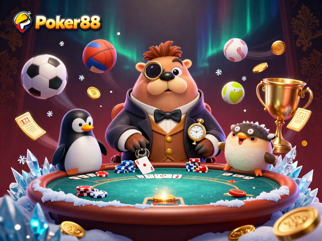 Experience intense poker action at Poker88 with a jolly walrus and his competitive friends.
