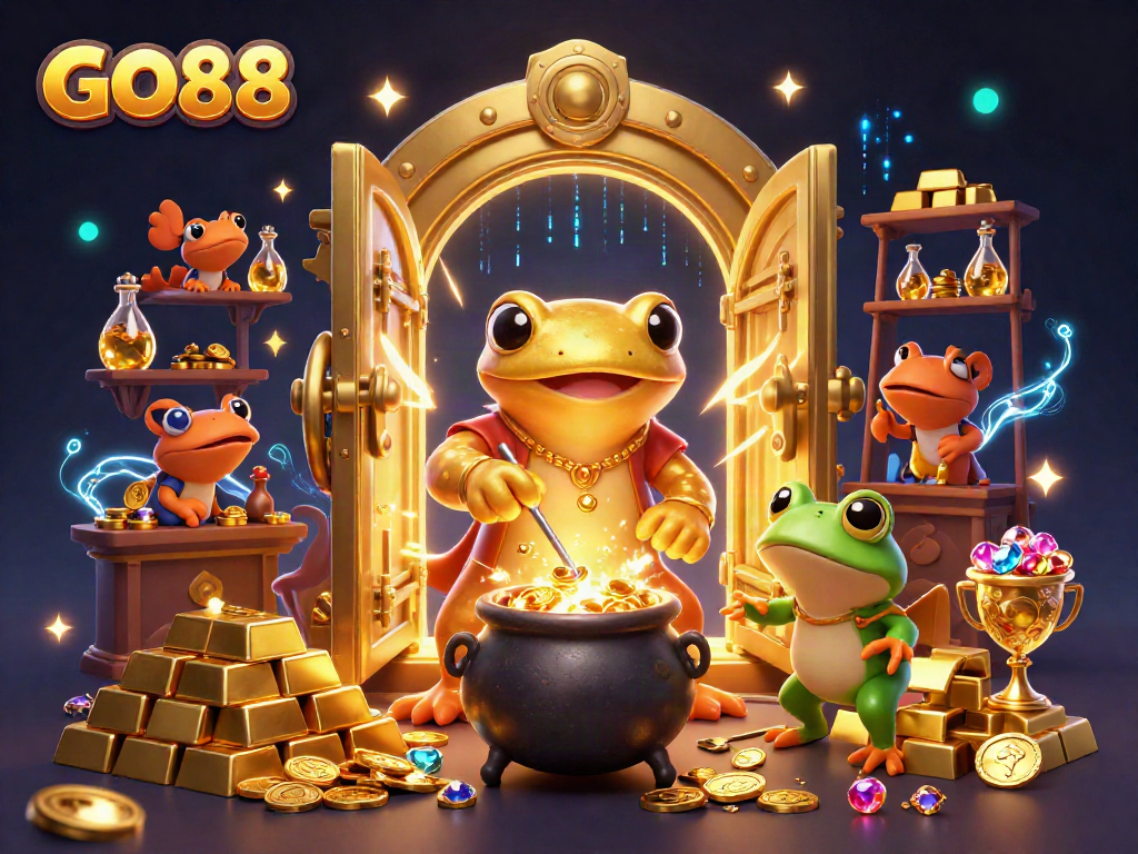 Engage with GO88's thrilling atmosphere featuring gold coins, alchemists, and vibrant casino elements.