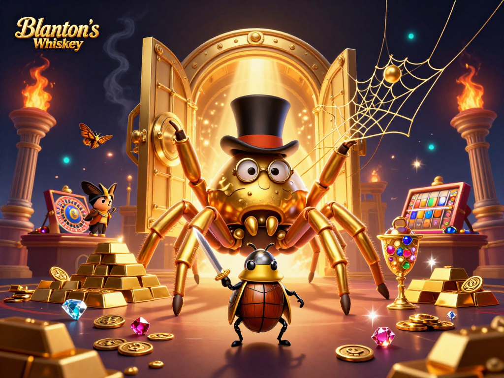 Experience the thrill of Blanton's Whiskey while navigating a vibrant casino scene bustling with gold and excitement.