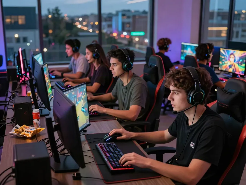 Players enjoying qqmacan online games in a vibrant gaming room.