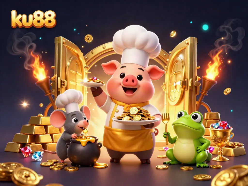 Experience thrilling gameplay at ku88 with this captivating casino-themed illustration full of gold and excitement.