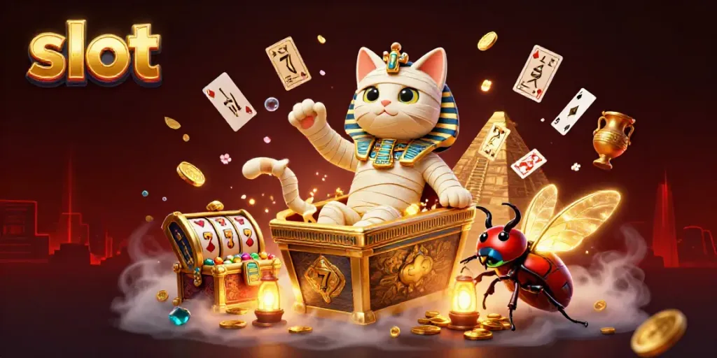 Slot permainan yang menampilkan katak mumi dan simbol-simbol keberuntungan dari mesin slot.