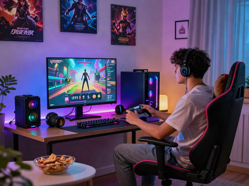 Engaging gamer playing a porn game in a cozy living room with vibrant RGB lighting.