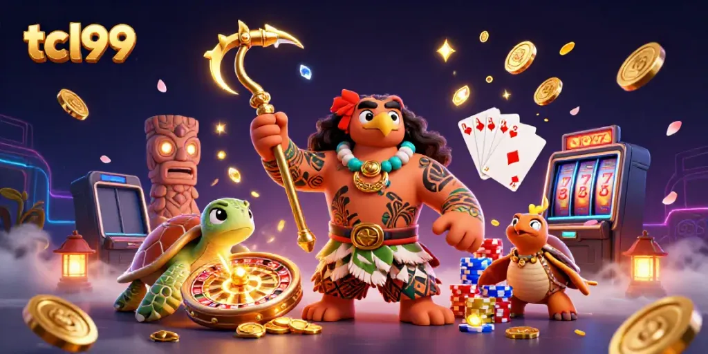 Experience tcl99 action with a vibrant Polynesian-themed casino scene full of energy.