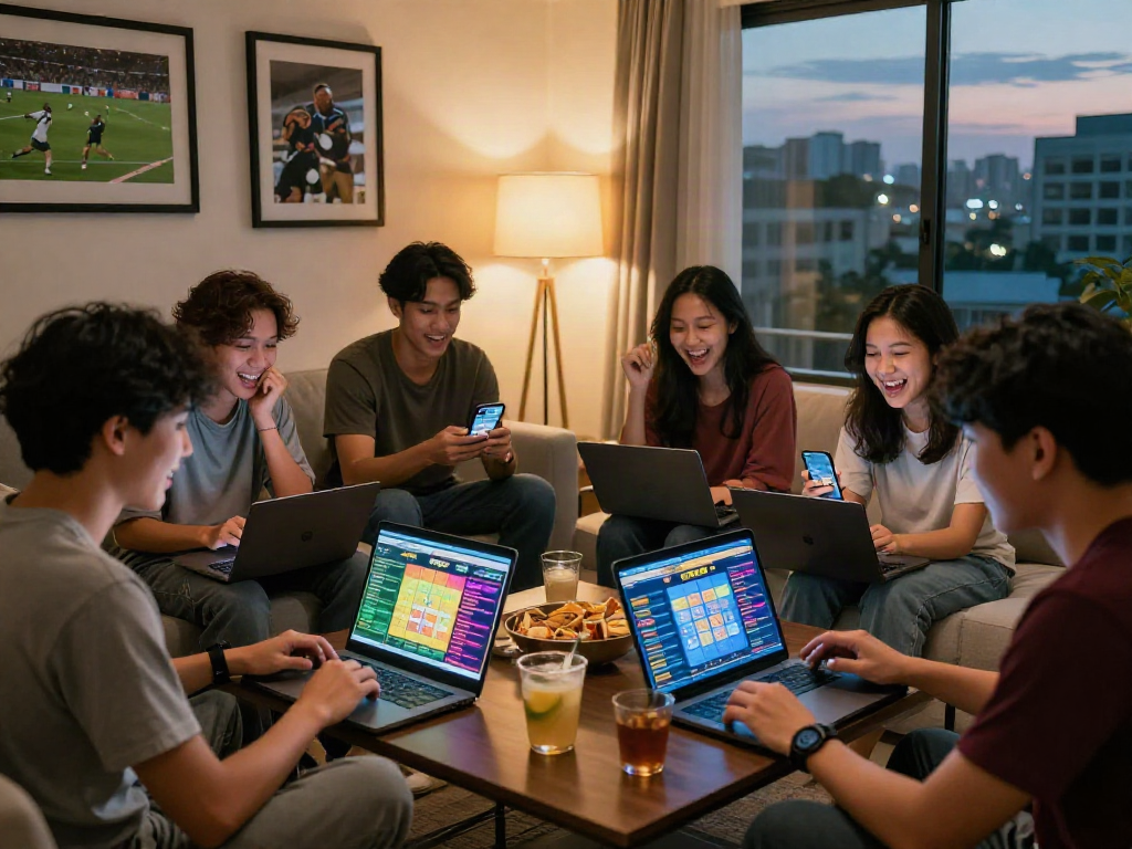 Friends enjoying situs togel gaming in a vibrant living room with screens and snacks.