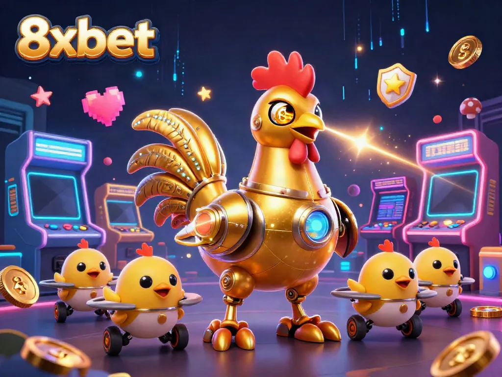 8xbet's golden rooster robot shooting laser beams in an energetic casino scene filled with arcade games.