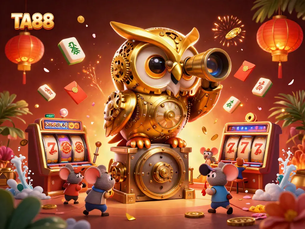 Experience the thrill of TA88 casino with a golden owl watching over a vibrant gaming floor.