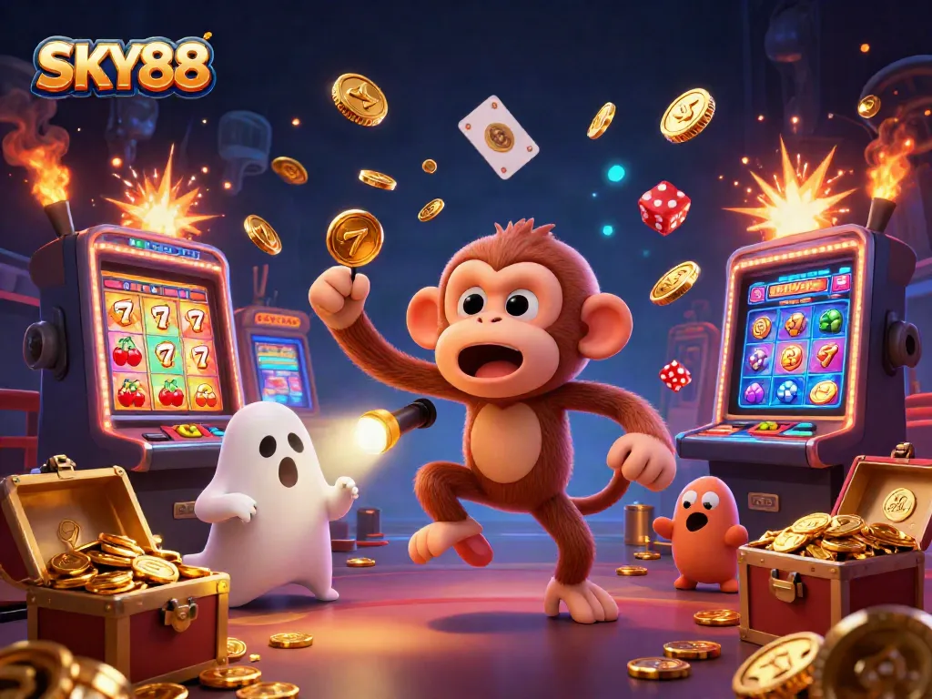 Experience the excitement of SKY88 Casino with this vibrant illustration of a mischievous monkey juggling gold!