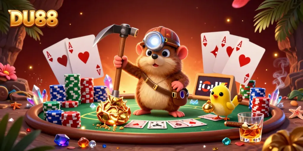 Experience the excitement of DU88 gaming with a treasure hunter mole and poker elements in vibrant 3D!