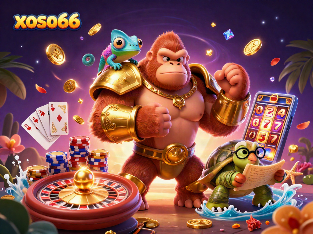 Engage in exciting gambling with xoso66's colorful casino action featuring a gorilla king and friends.