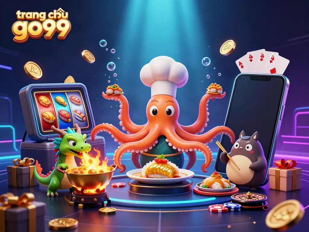 Experience excitement at trang chủ go99 with vibrant game elements and characters, showcasing a sushi chef octopus in action.