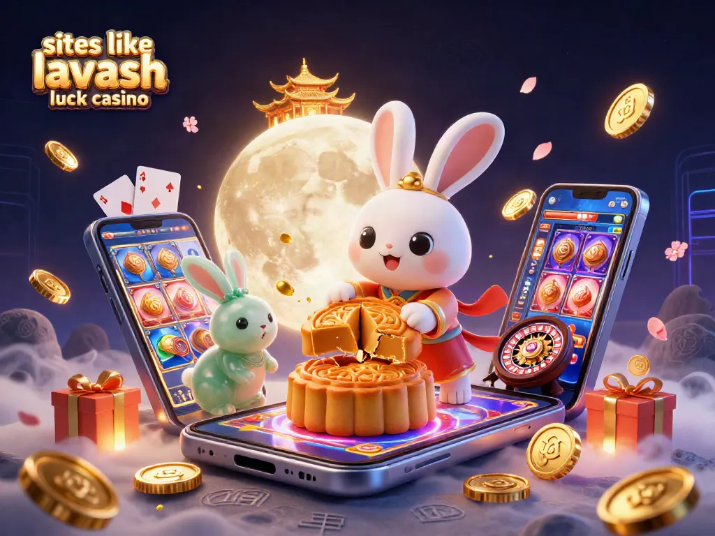 Win big on sites like lavish luck casino with a vibrant 3D illustration featuring a moon rabbit and gaming elements.