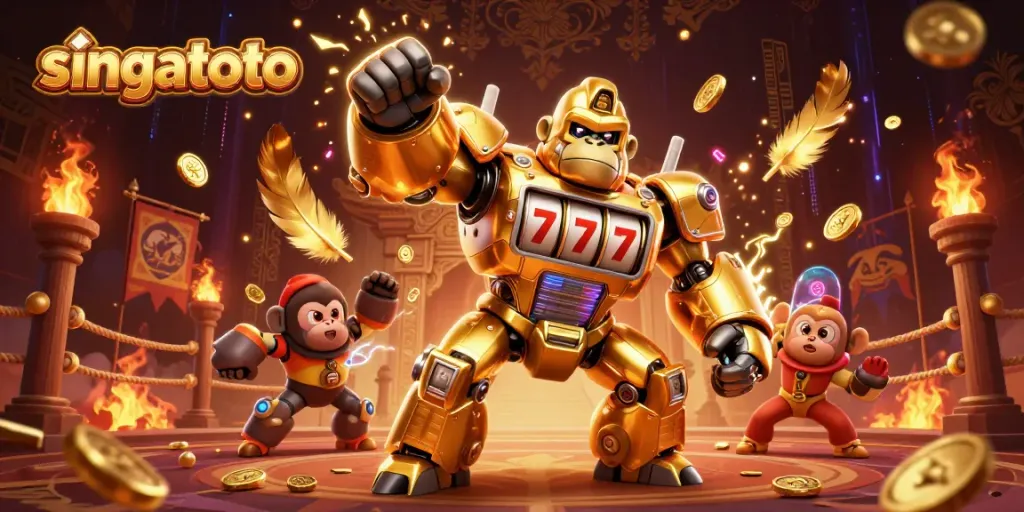 Experience thrilling wins with singatoto's golden gorilla mech surrounded by casino elements.