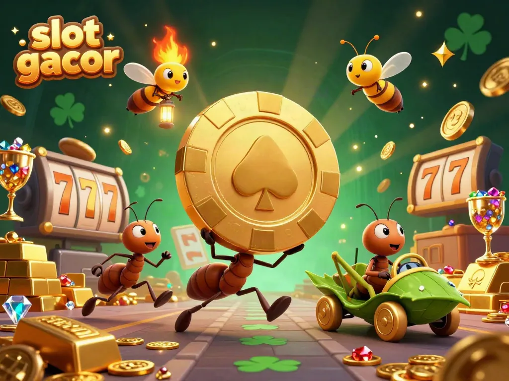 Semut menjalankan pencurian chip poker emas raksasa dalam slot gacor yang ceria.