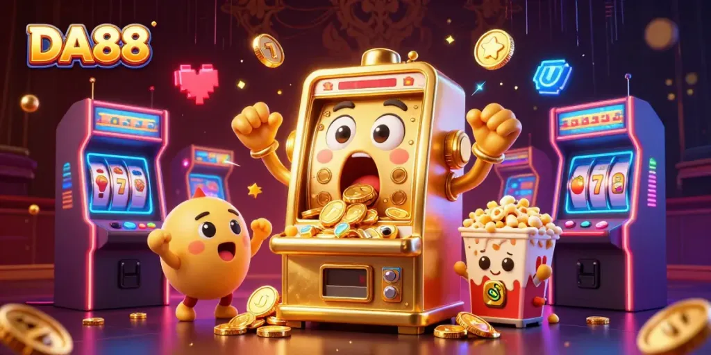 DA88 slots jackpot celebration with cartoon machines and neon game elements