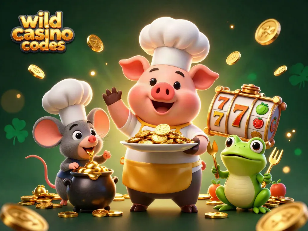 Play with wild casino bonus codes as cartoon chef pig serves gold coins while mouse and frog enjoy the scene.