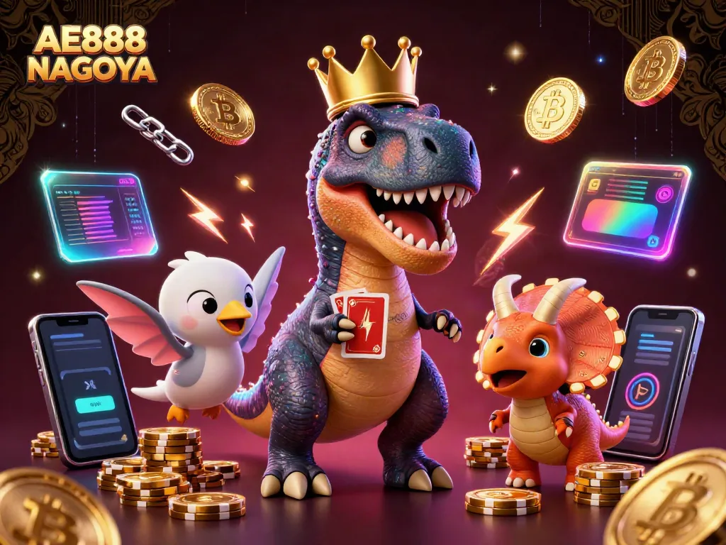 Fun characters at a casino, featuring AE888 NAGOYA with a T-Rex shuffling cards and a baby triceratops stacking chips.