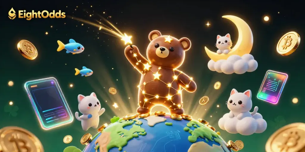Experience the magic of EightOdds with a constellation bear scooping coins in an enchanting casino world.