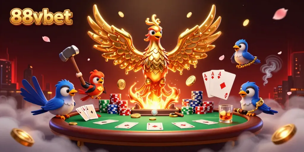 Experience the excitement of 88vbet with a golden phoenix casino scene, capturing poker action and vibrant elements.