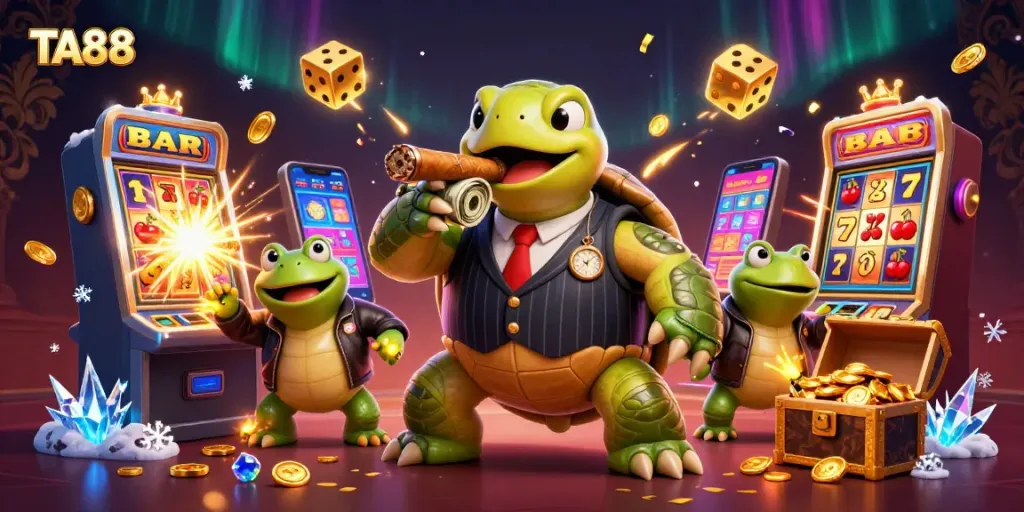 TA88 offers engaging casino experiences with a vibrant cartoon scene showcasing gamblers at play.
