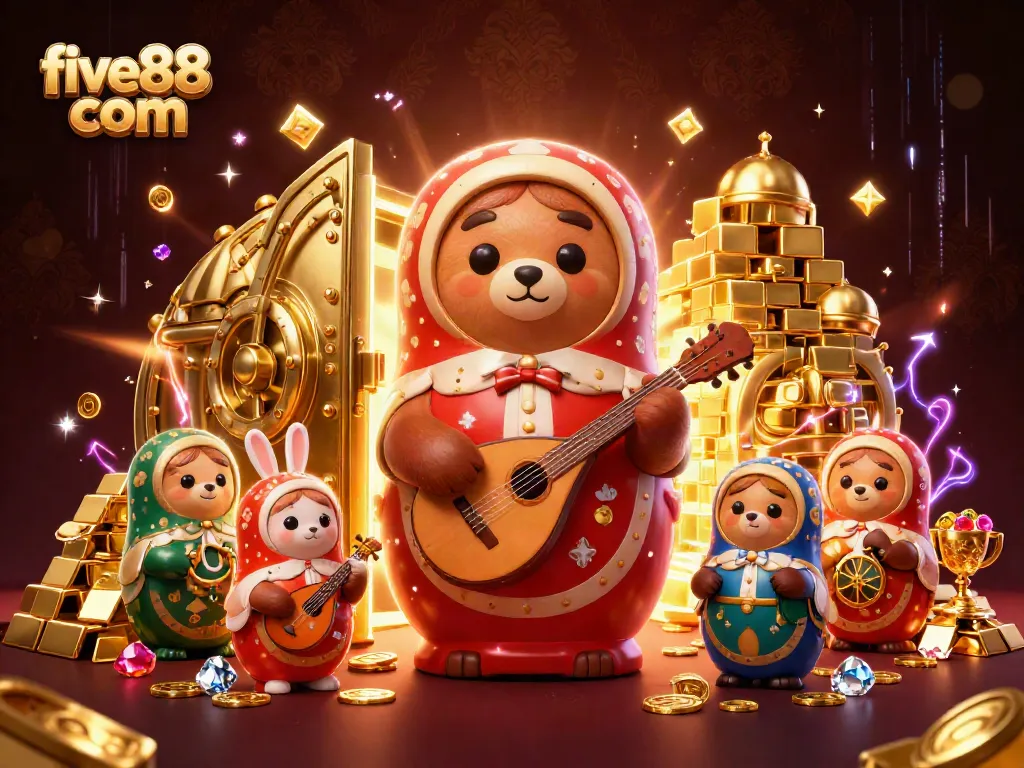 Win big at five88 com with this vibrant illustration featuring fortune-filled elements in an exciting casino atmosphere.