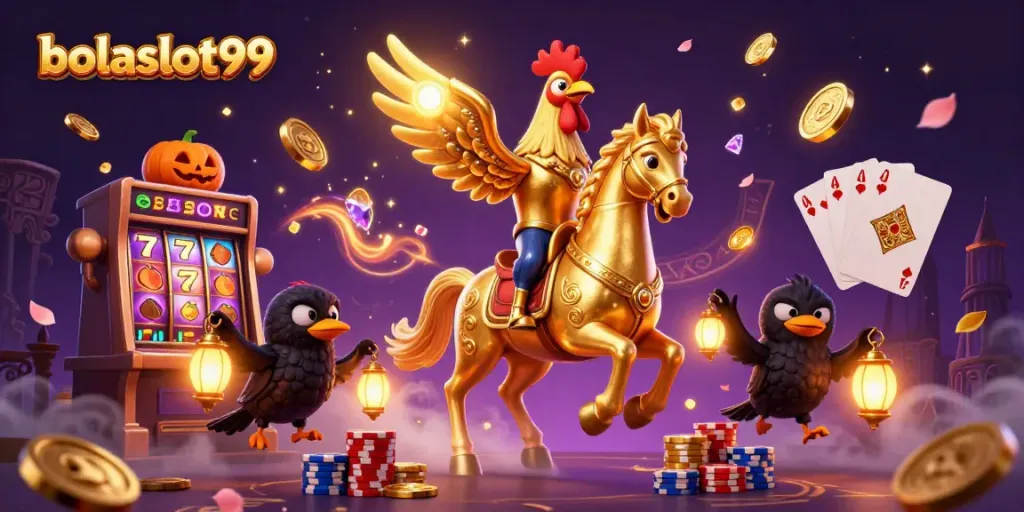 Bolaslot99's golden rooster mascot dazzles in a vibrant casino scene filled with cascading coins and slot elements.
