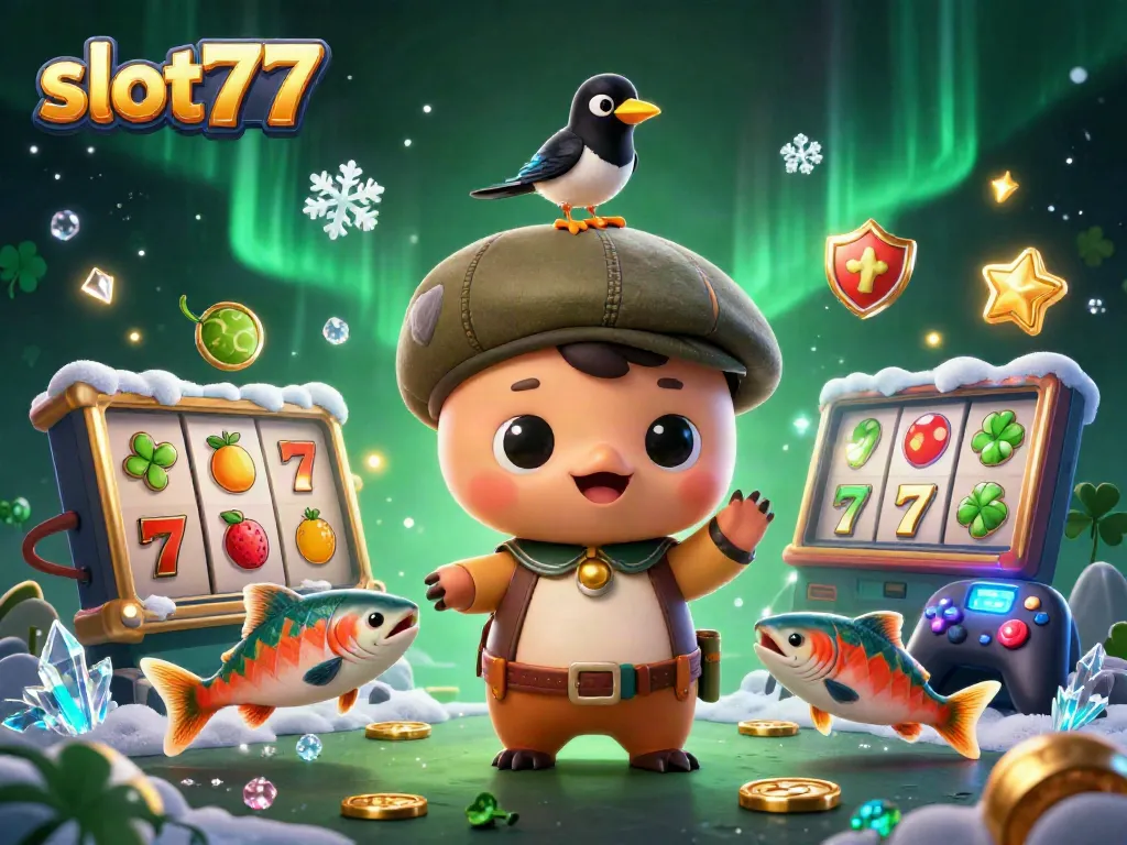 Slot77, kemenangan besar dengan simbol slot yang penuh warna dan keberuntungan, dalam ilustrasi menarik