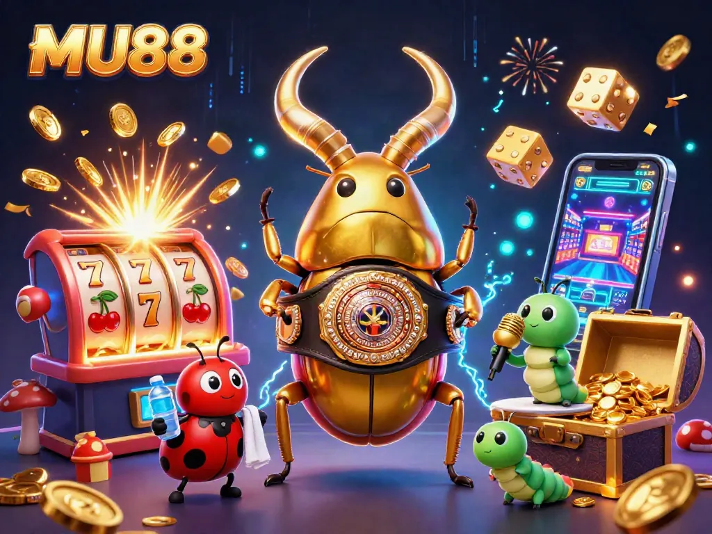 Engage with MU88's stunning online casino slots through an electrifying illustration featuring a golden stag beetle and dynamic casino elements.