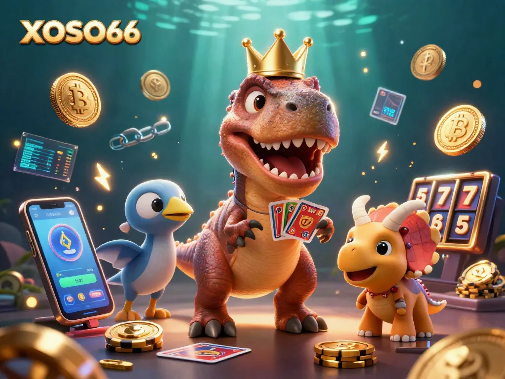 XOSO66 showcases a fun 3D T-Rex playing cards and a triceratops stacking chips in an exciting casino setting.
