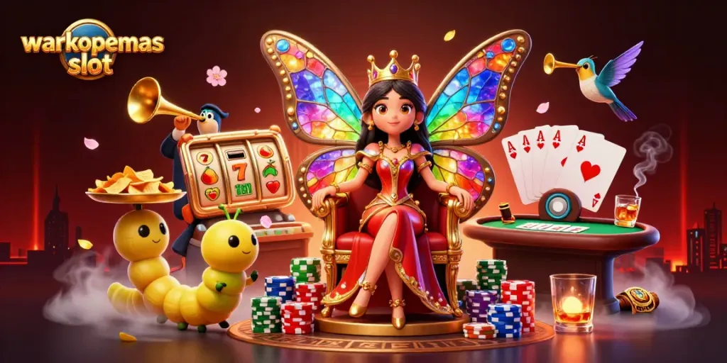 Permainan warkopemas slot dengan ratu kupu-kupu dan elemen kasino menarik dalam ilustrasi 3D.