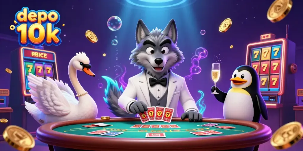 Experience the excitement of depo 10k slots with a debonair wolf and elegant swan in a vibrant casino scene.